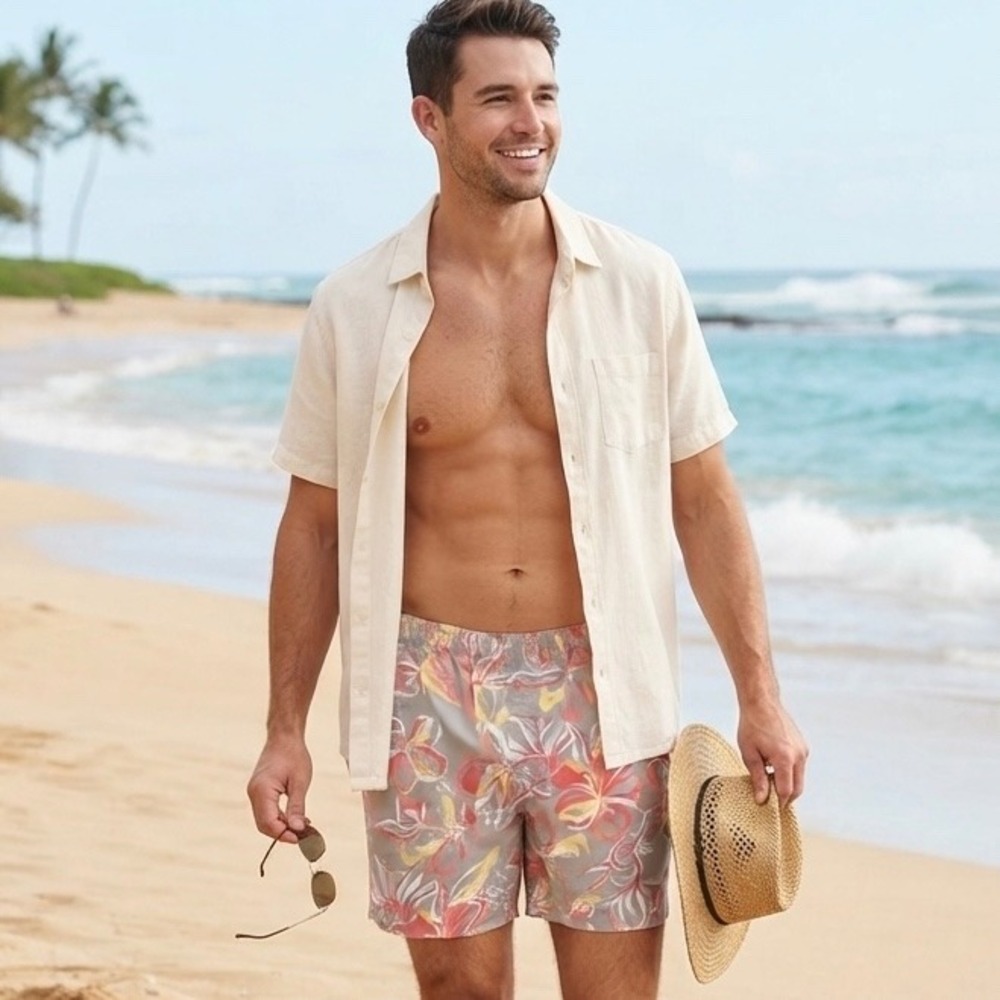 Columbia PFG Men Medium 6" Inseam Grey Floral Tropical Performance Fishing Short